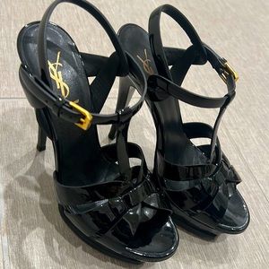 YSL Saint Laurent Tribute t-strap black patent leather platform sandal